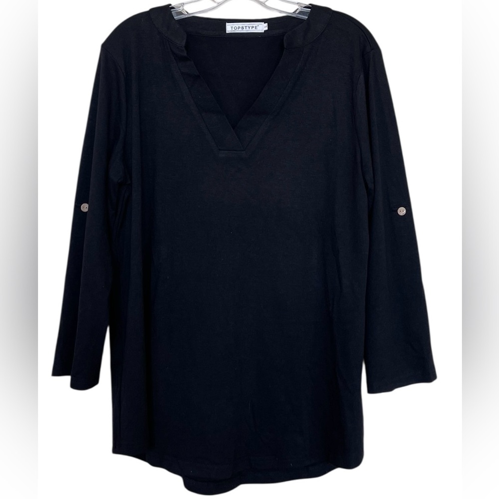 Topstyle Womens Black Split V-Neck Roll Tab Sleeve Tunic Top Size‎ Large